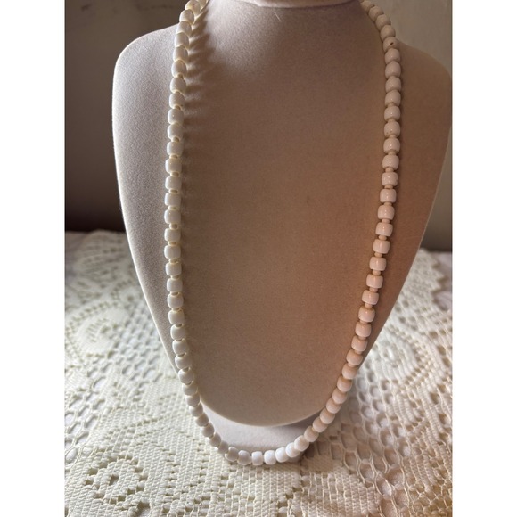 Jewelry - White lucite Barrel Bead Necklace Retro Hand Strung Hook Clasp Vintage